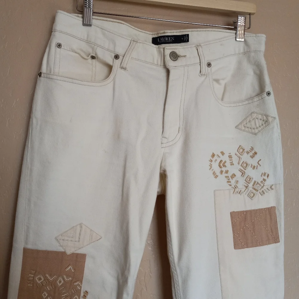 Lauren Ralph Lauren Patchwork Beaded Boho Relaxed Tapered Ankle Jean